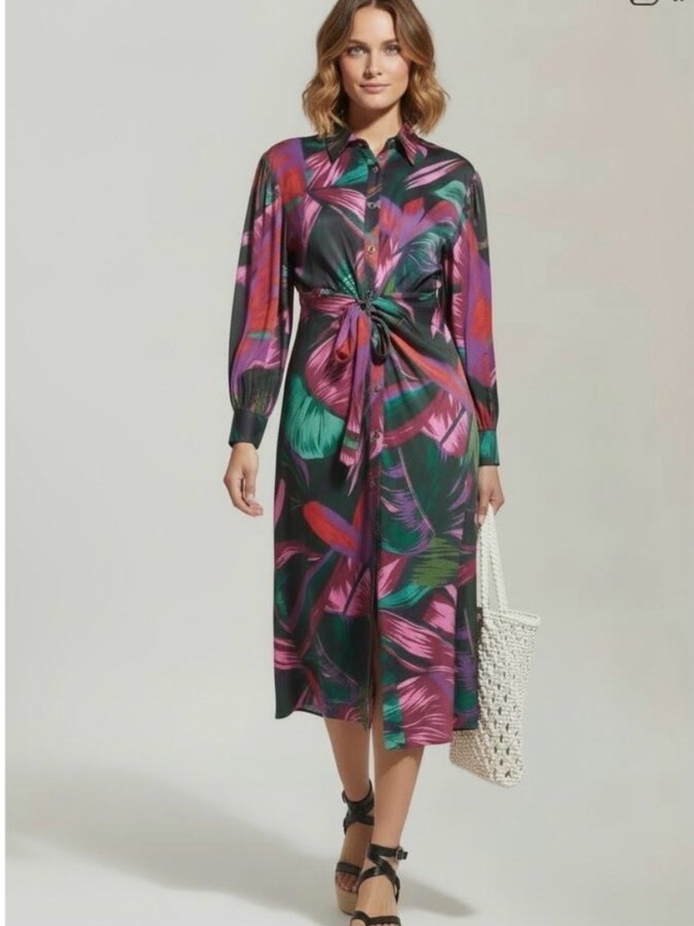 FARM Rio Black Multicolor Tropical-Print Midi Shirt Dress